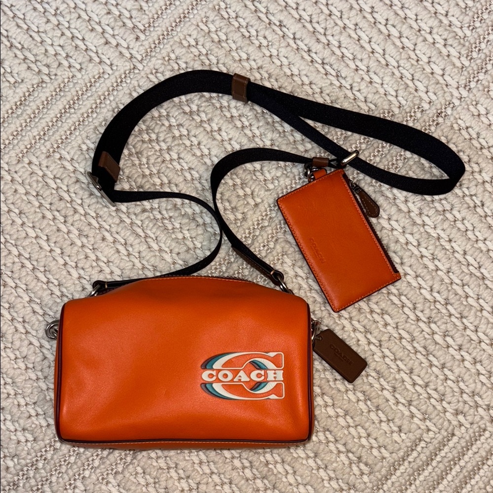COACH Axel Crossbody W/Coach Stamp Bright Orange Smooth Calf Leather